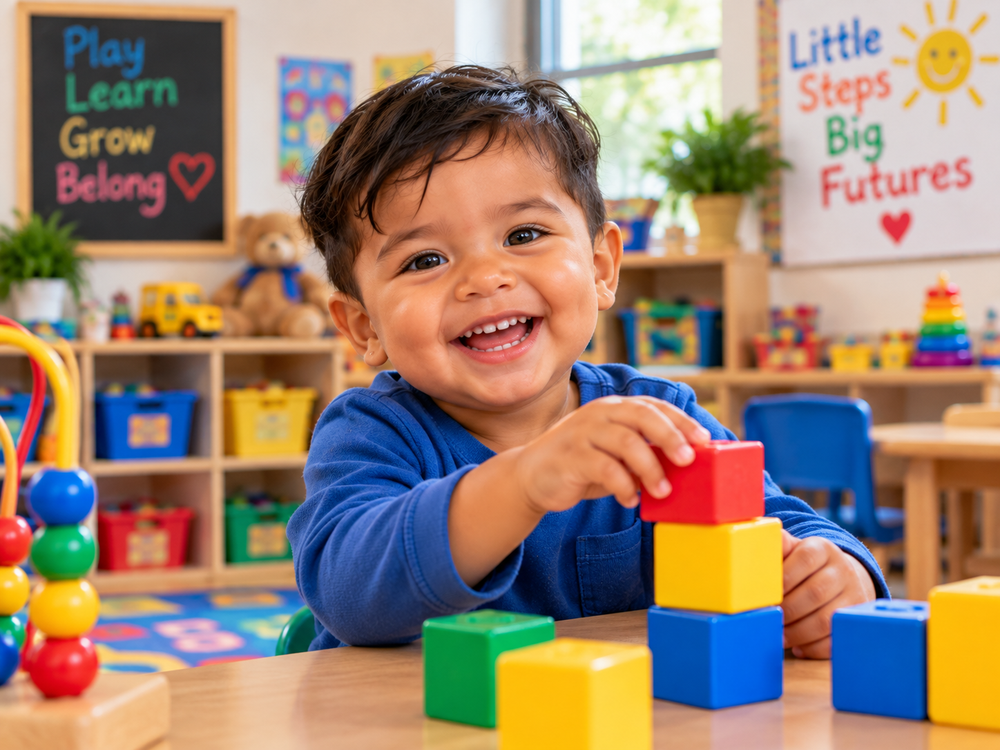 Toddler boy stacking colorful blocks at a classroom table