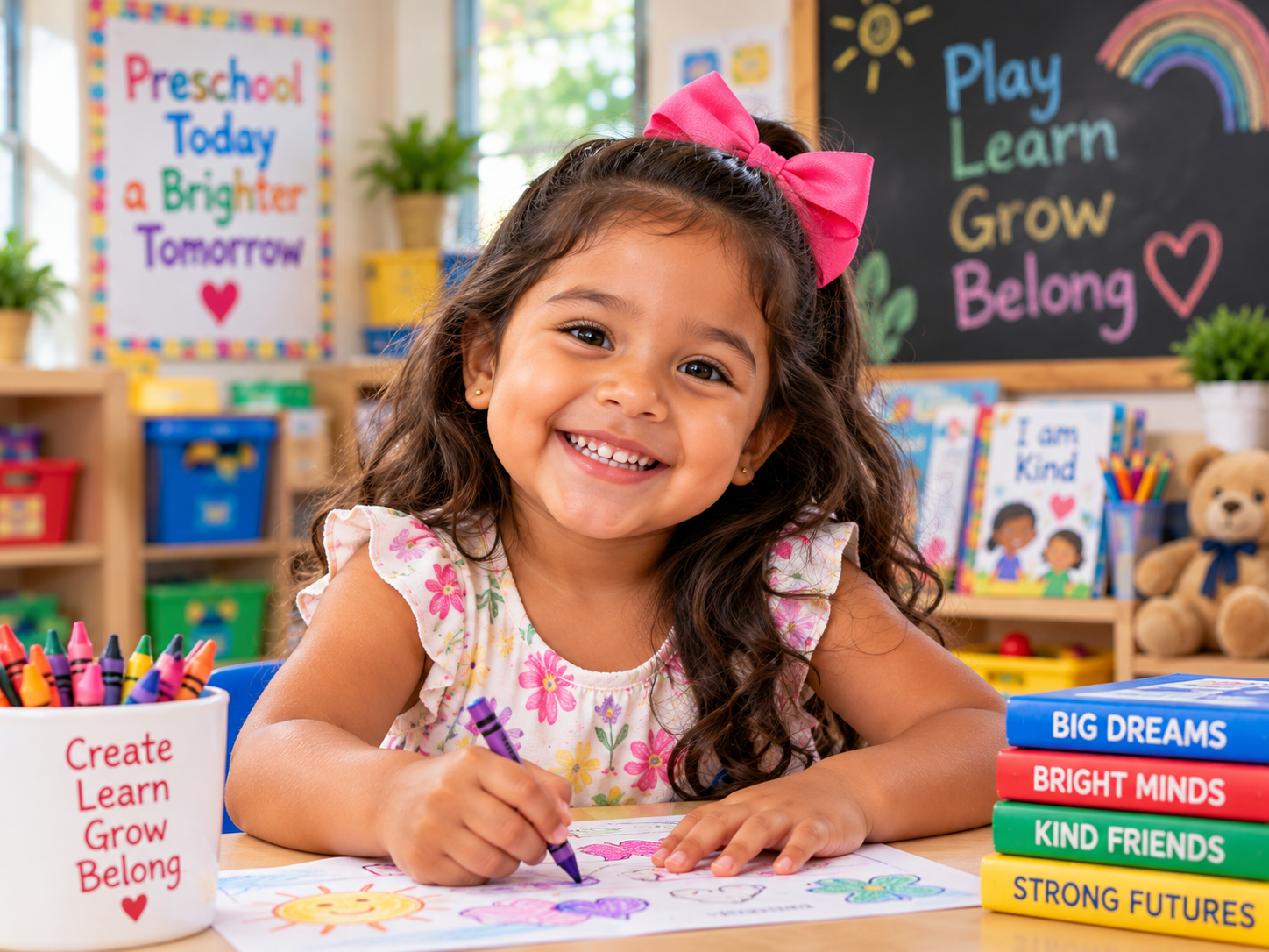 Young girl coloring a sun and flower drawing with crayons
