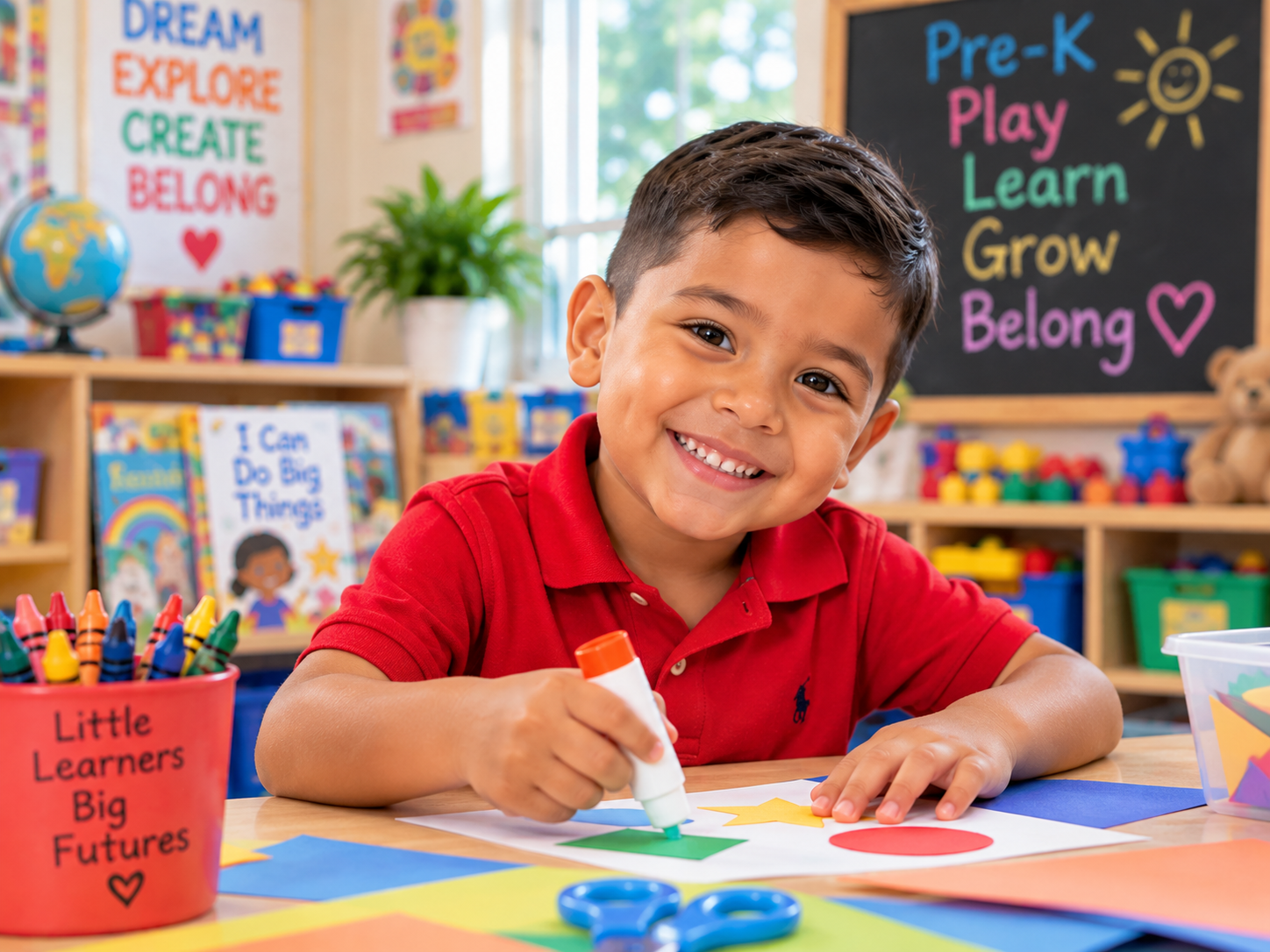 Young boy gluing colored paper shapes onto a sheet at a Pre-K table