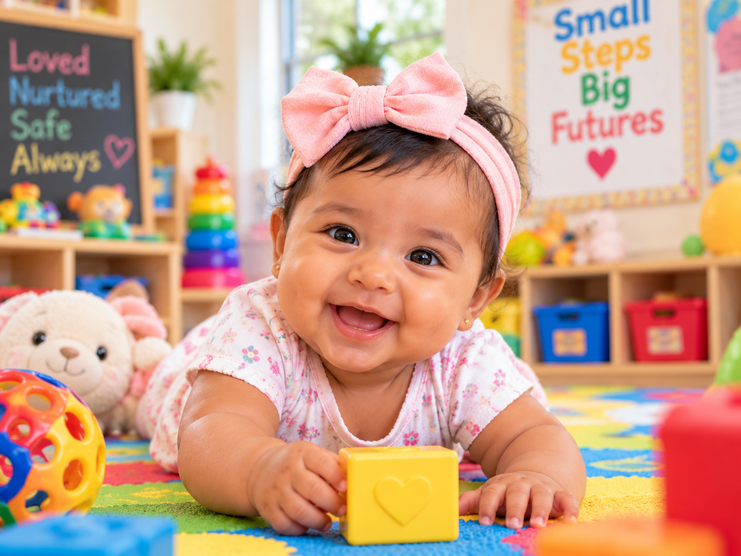 Smiling infant lying on a colorful play mat in the Yaisa's Little Giant daycare