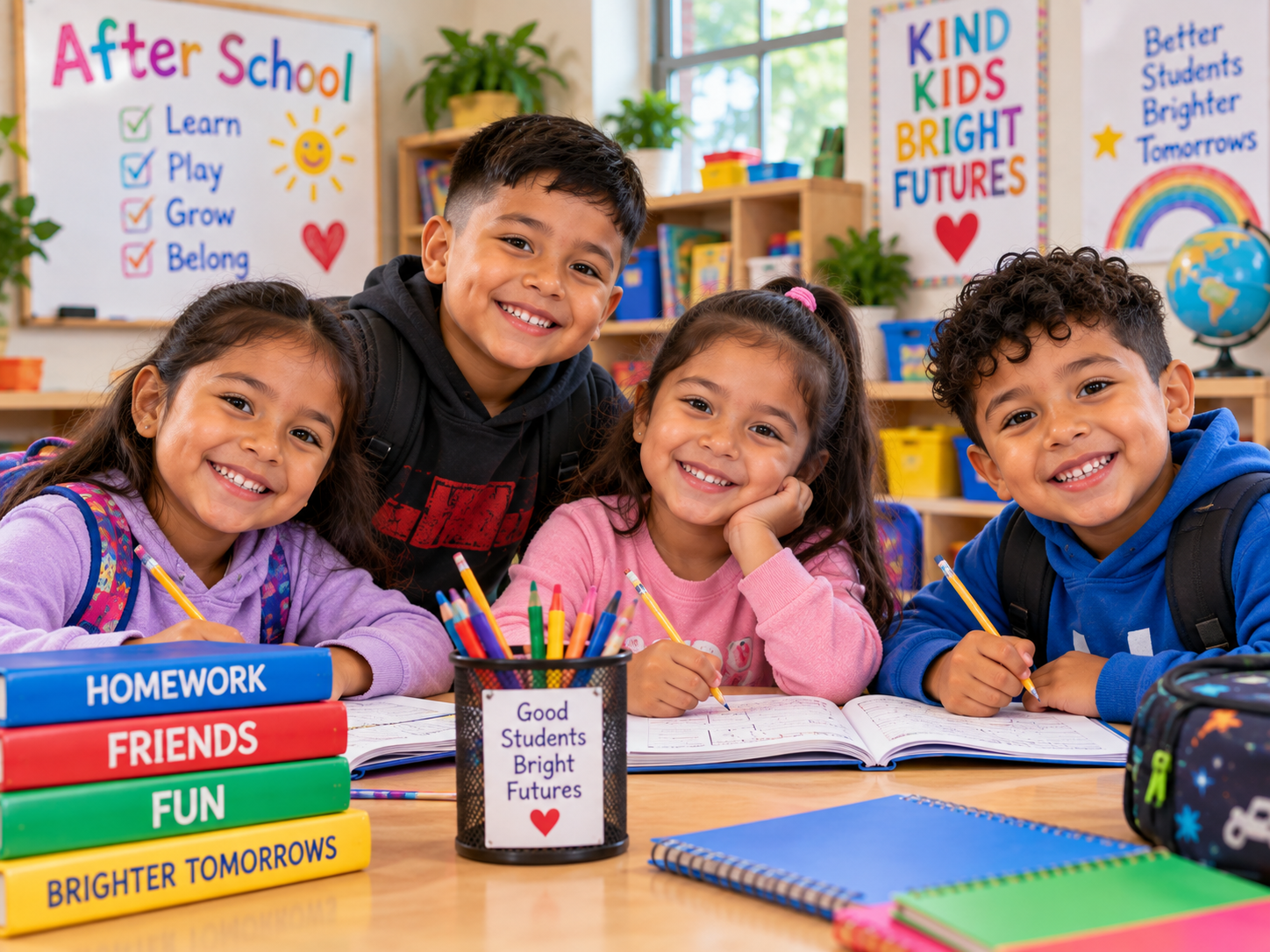 Four school-age children smiling together at a classroom table