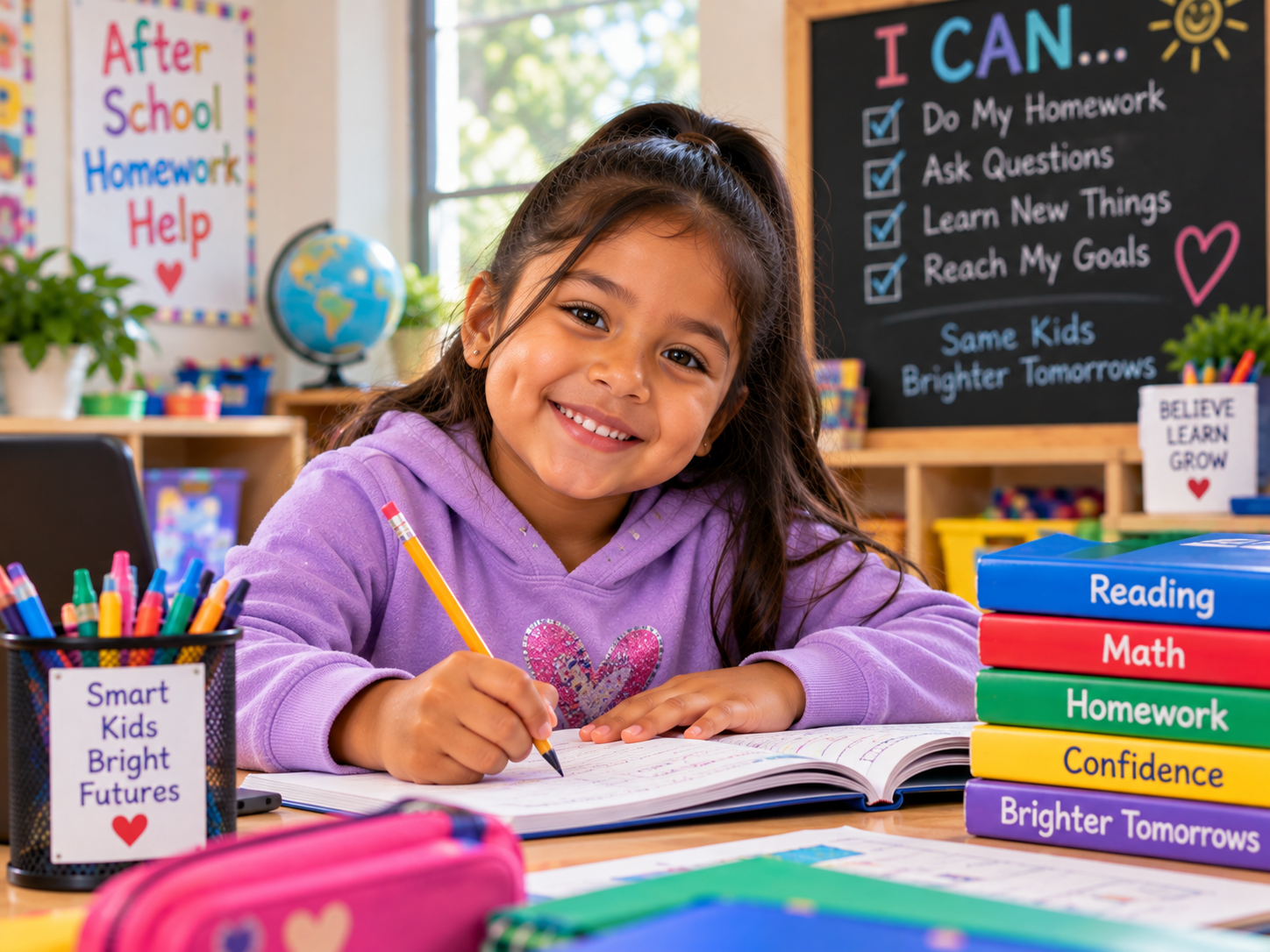 School-age girl smiling while working at a desk